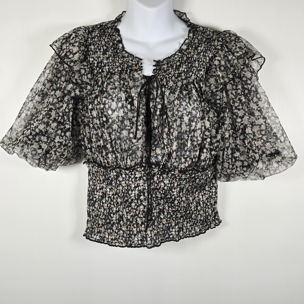 Free People Beatrice Lace-Up Top Printed Sheer Smocked Black Floral Size Medium - Picture 3 of 16